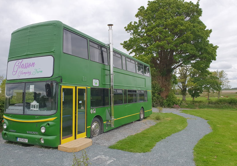 Double decker bus available at Glasson Glamping Farm.